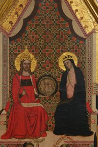 Detalhe da Virgem, Cristo e 17 Saints tempera no painel